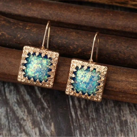 Blue Opal, Faux, Confetti Glitter Square Dangle Hook Gold color Earrings, Gift - Picture 2 of 4